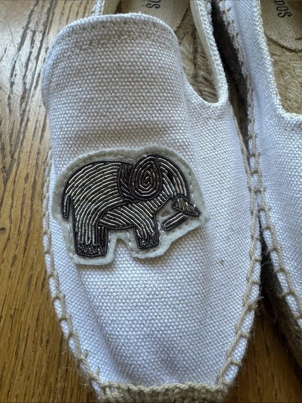 Soludos White Canvas Espadrilles with Embroidered Elephant Appliqués